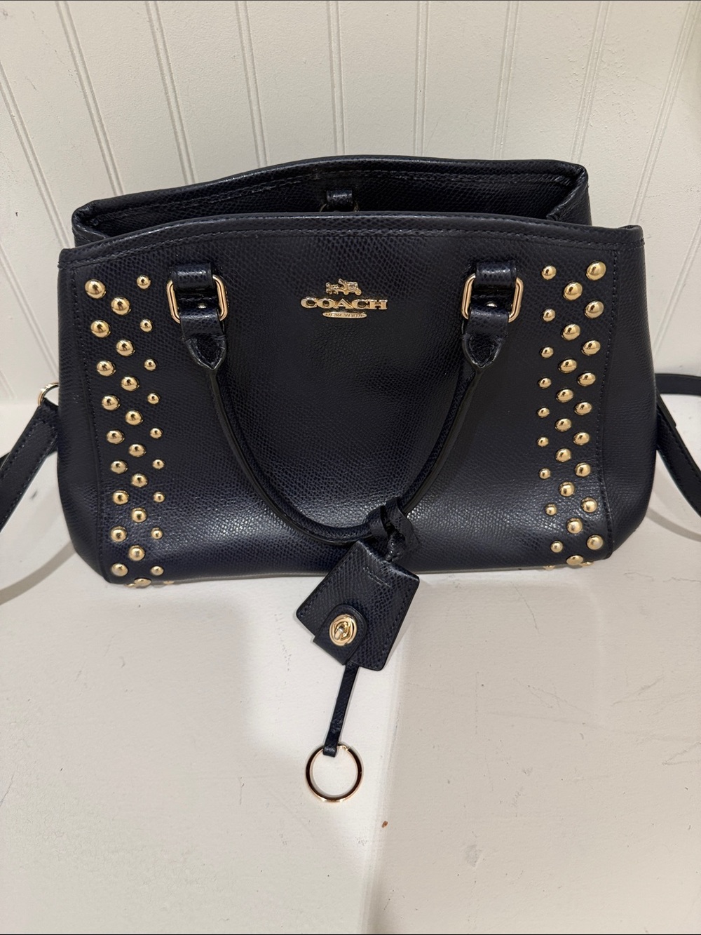 Coach Black Pebbled Leather Shoulder Bag with Gold Studs